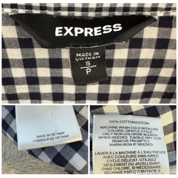 Express Blue Gingham Button Up Women's‎ Small Tie Front Collared V-neck Preppy - Picture 6 of 8